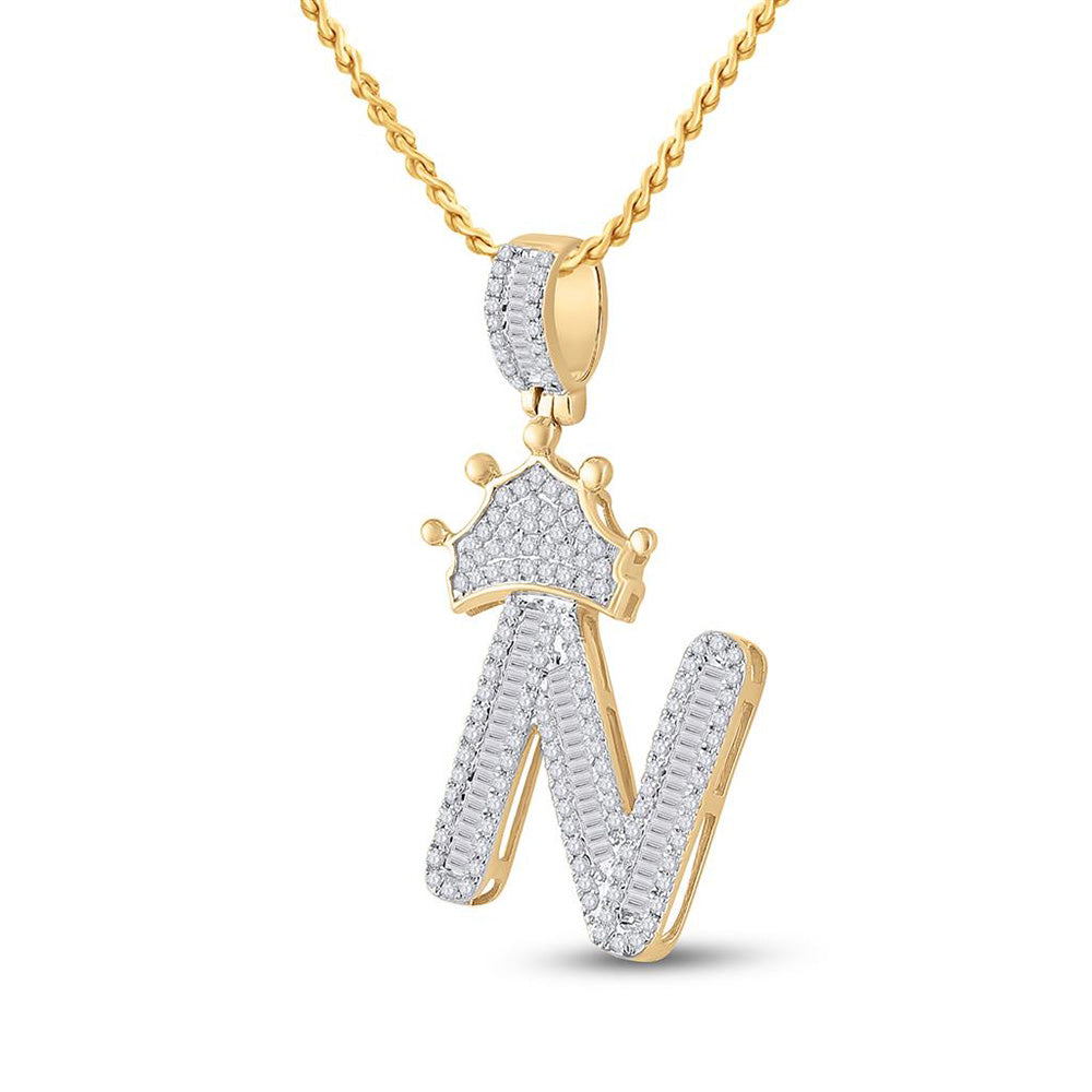 10K YELLOW GOLD BAGUETTE DIAMOND CROWN N LETTER CHARM PENDANT 3/4 CTTW