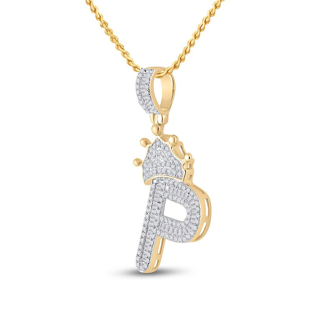 10K YELLOW GOLD BAGUETTE DIAMOND CROWN P LETTER CHARM PENDANT 5/8 CTTW
