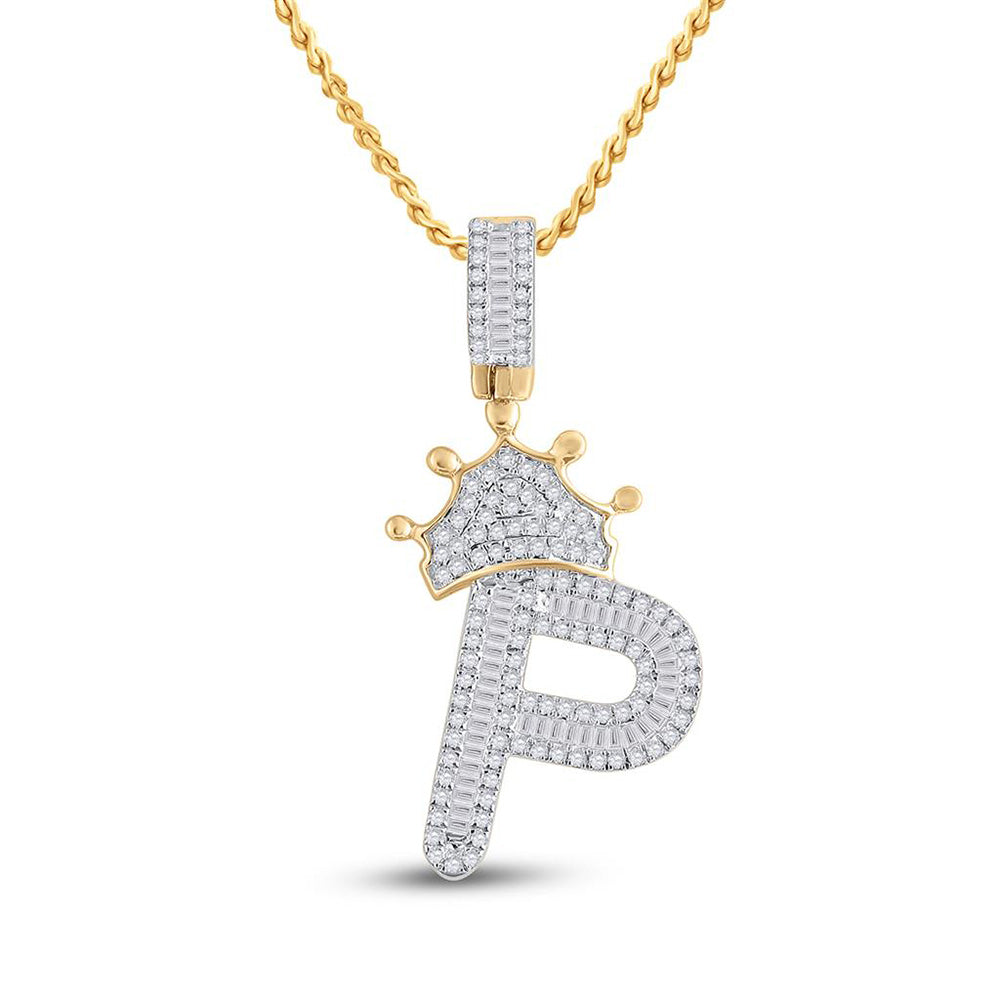 10K YELLOW GOLD BAGUETTE DIAMOND CROWN P LETTER CHARM PENDANT 5/8 CTTW