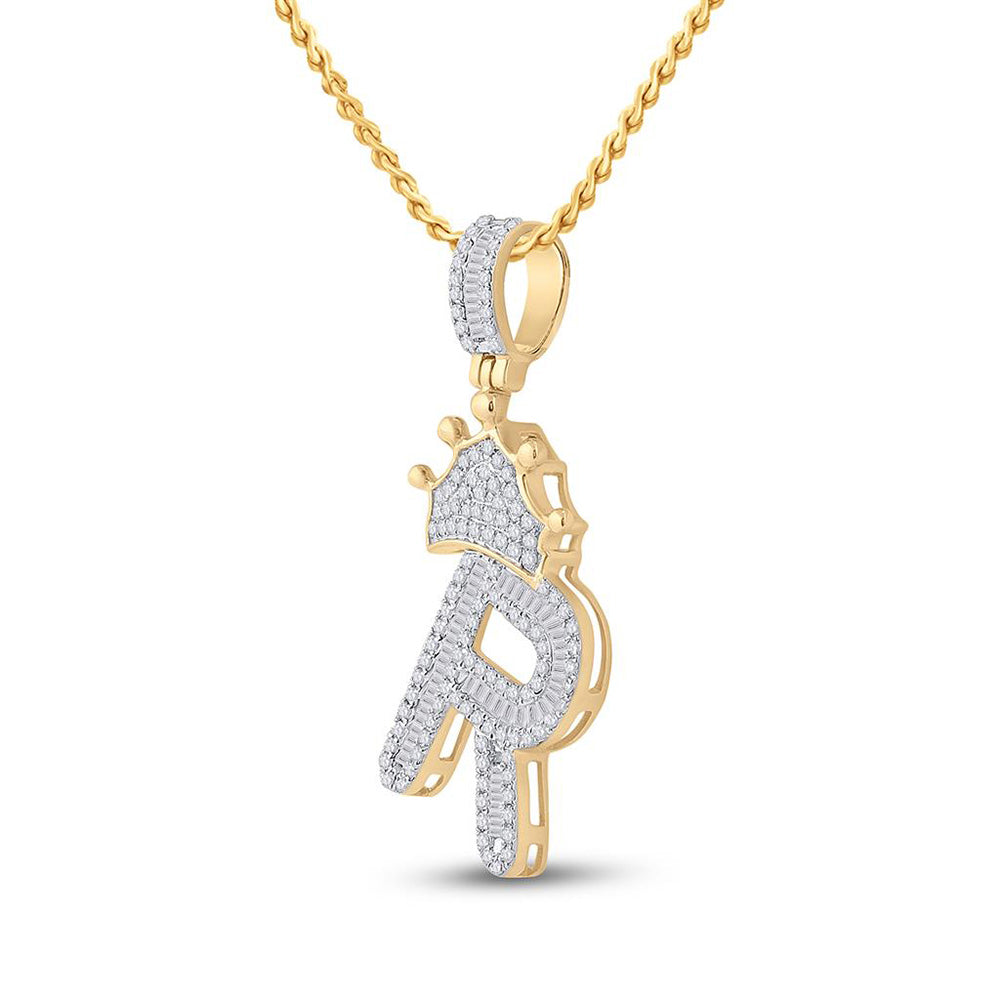 10K YELLOW GOLD BAGUETTE DIAMOND CROWN R LETTER CHARM PENDANT 3/4 CTTW