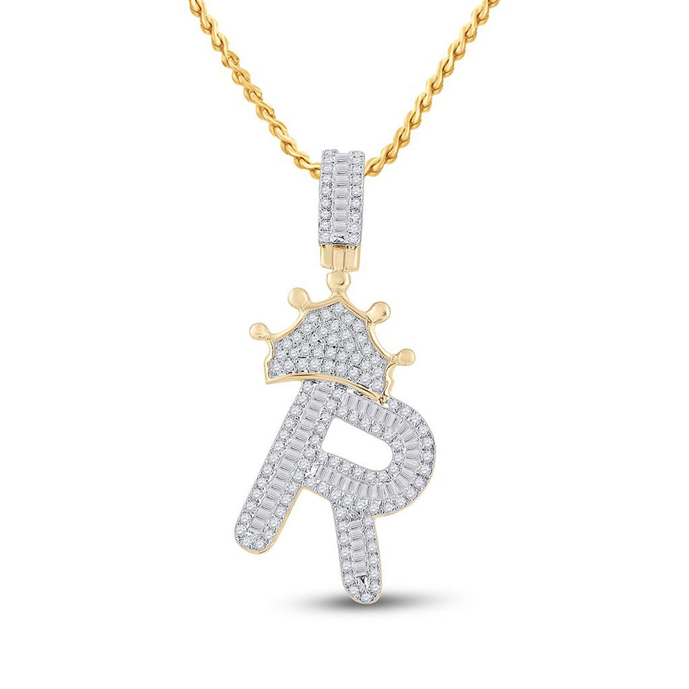 10K YELLOW GOLD BAGUETTE DIAMOND CROWN R LETTER CHARM PENDANT 3/4 CTTW