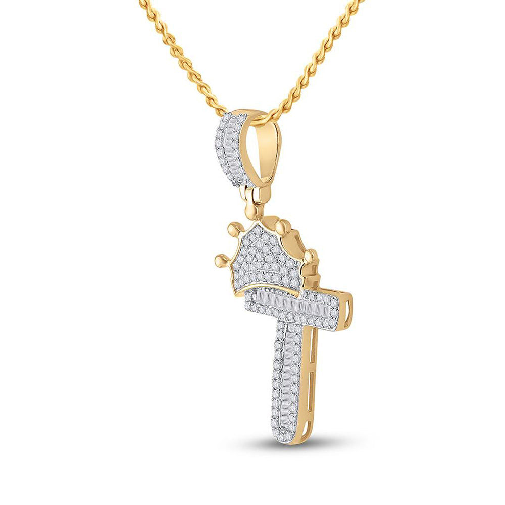 10K YELLOW GOLD BAGUETTE DIAMOND CROWN T LETTER CHARM PENDANT 1/2 CTTW