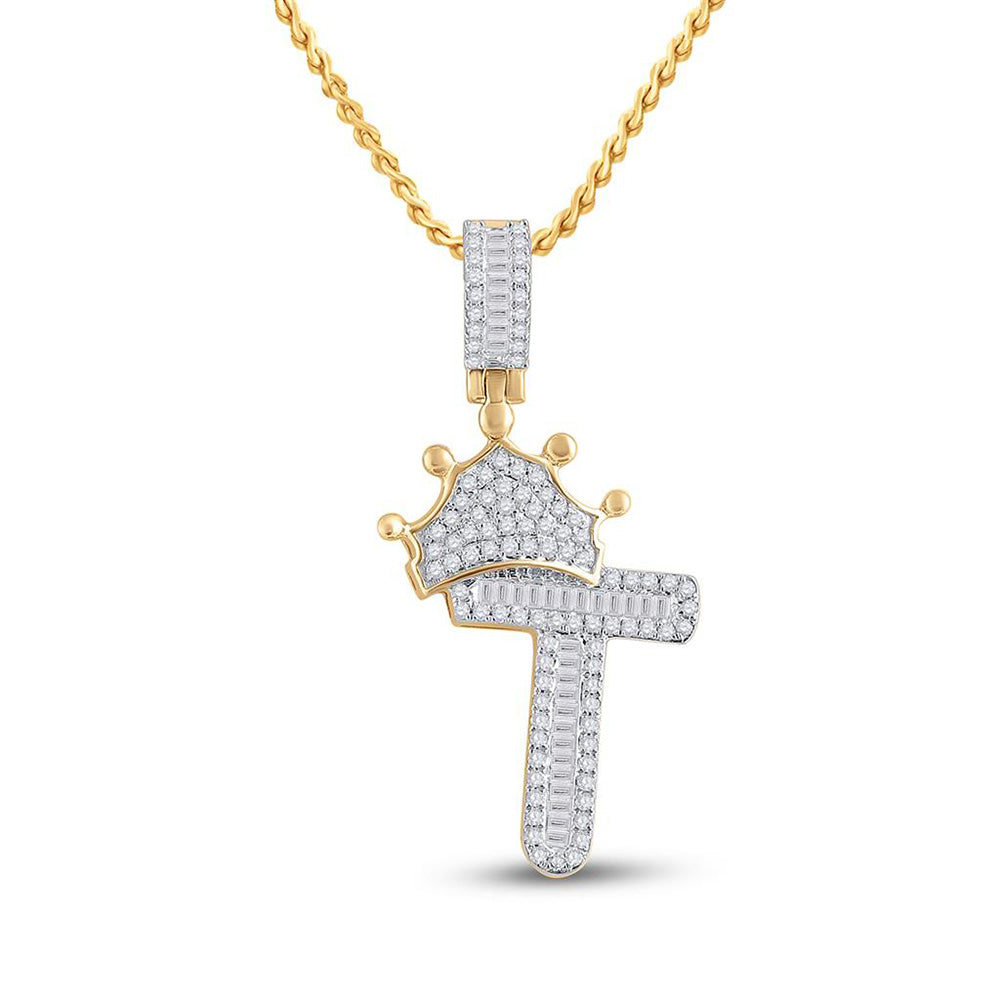 10K YELLOW GOLD BAGUETTE DIAMOND CROWN T LETTER CHARM PENDANT 1/2 CTTW