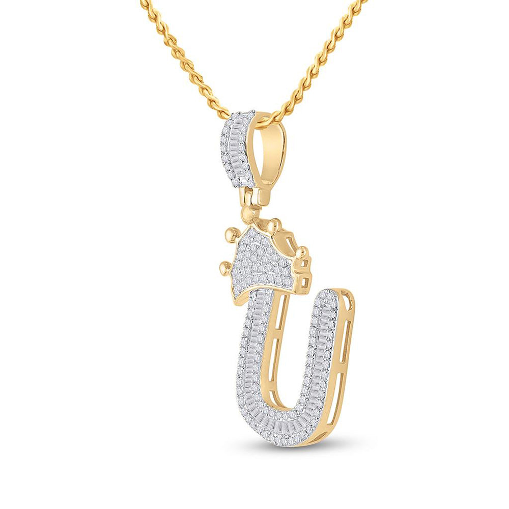 10K YELLOW GOLD BAGUETTE DIAMOND CROWN U LETTER CHARM PENDANT 5/8 CTTW