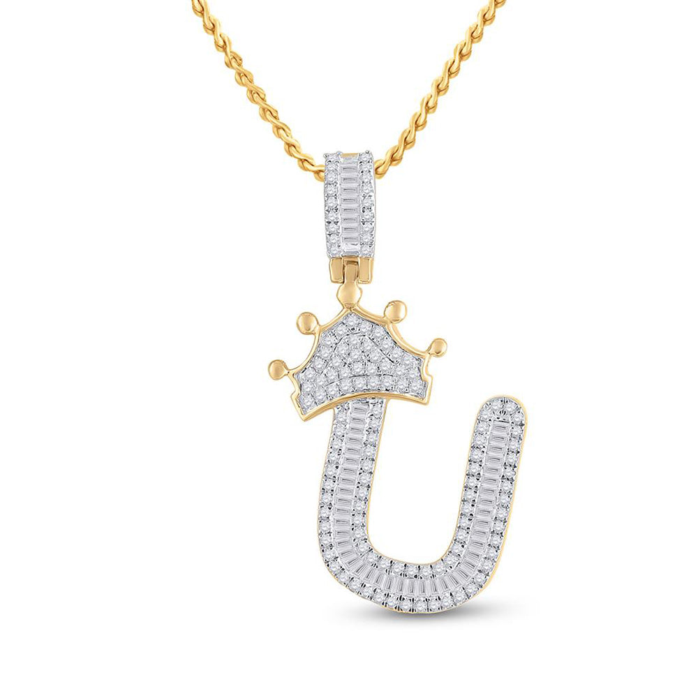 10K YELLOW GOLD BAGUETTE DIAMOND CROWN U LETTER CHARM PENDANT 5/8 CTTW