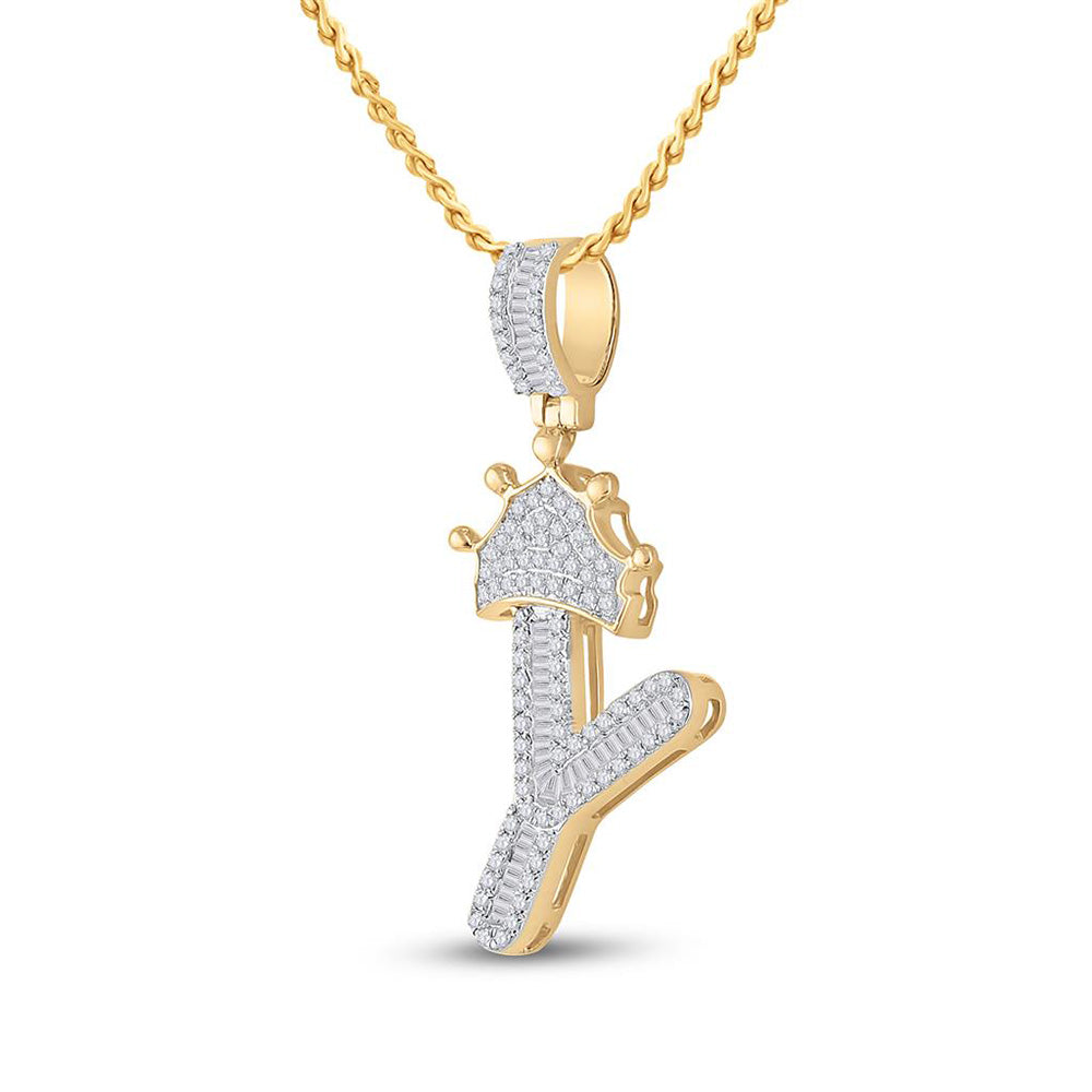 10K YELLOW GOLD BAGUETTE DIAMOND CROWN Y LETTER CHARM PENDANT 1/2 CTTW