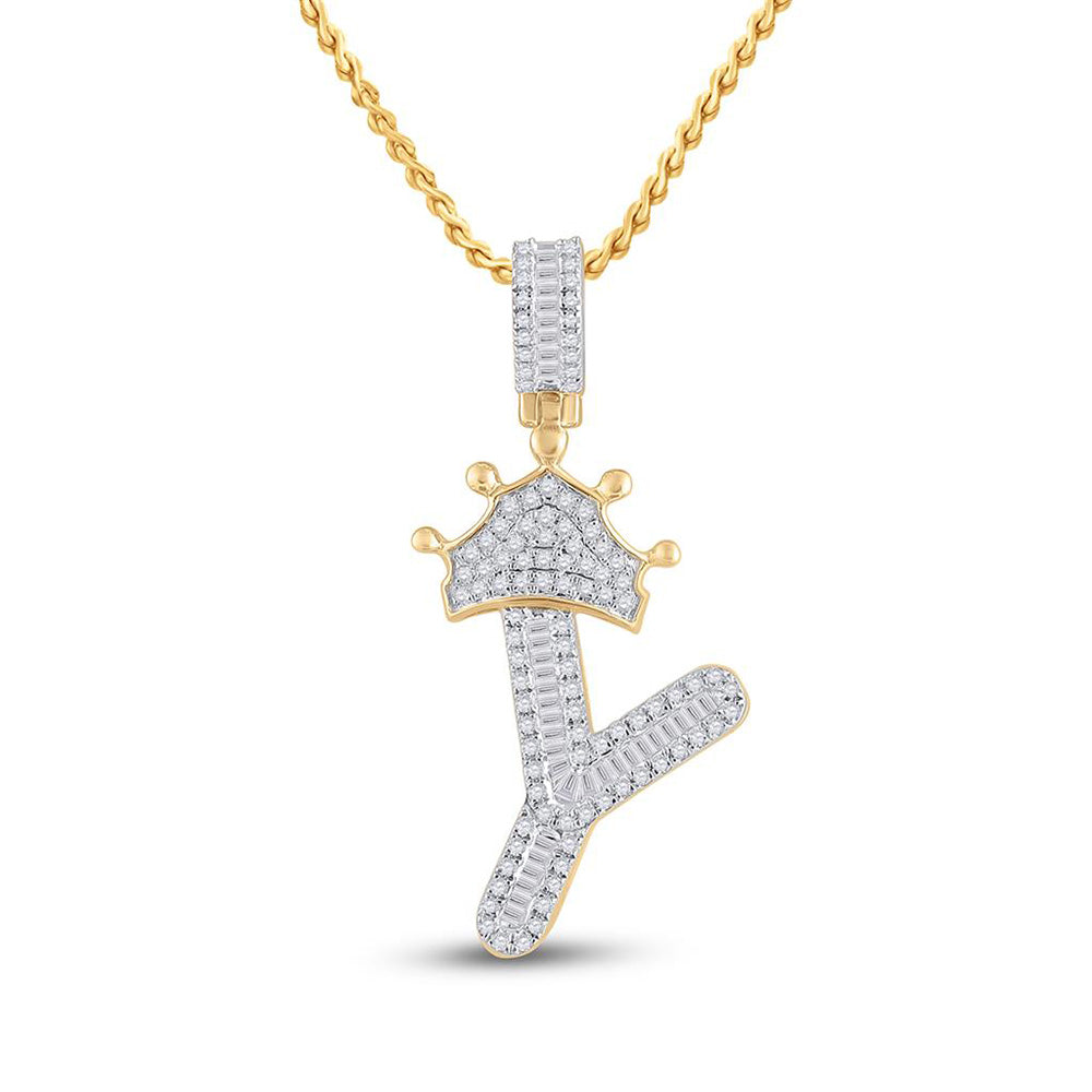 10K YELLOW GOLD BAGUETTE DIAMOND CROWN Y LETTER CHARM PENDANT 1/2 CTTW