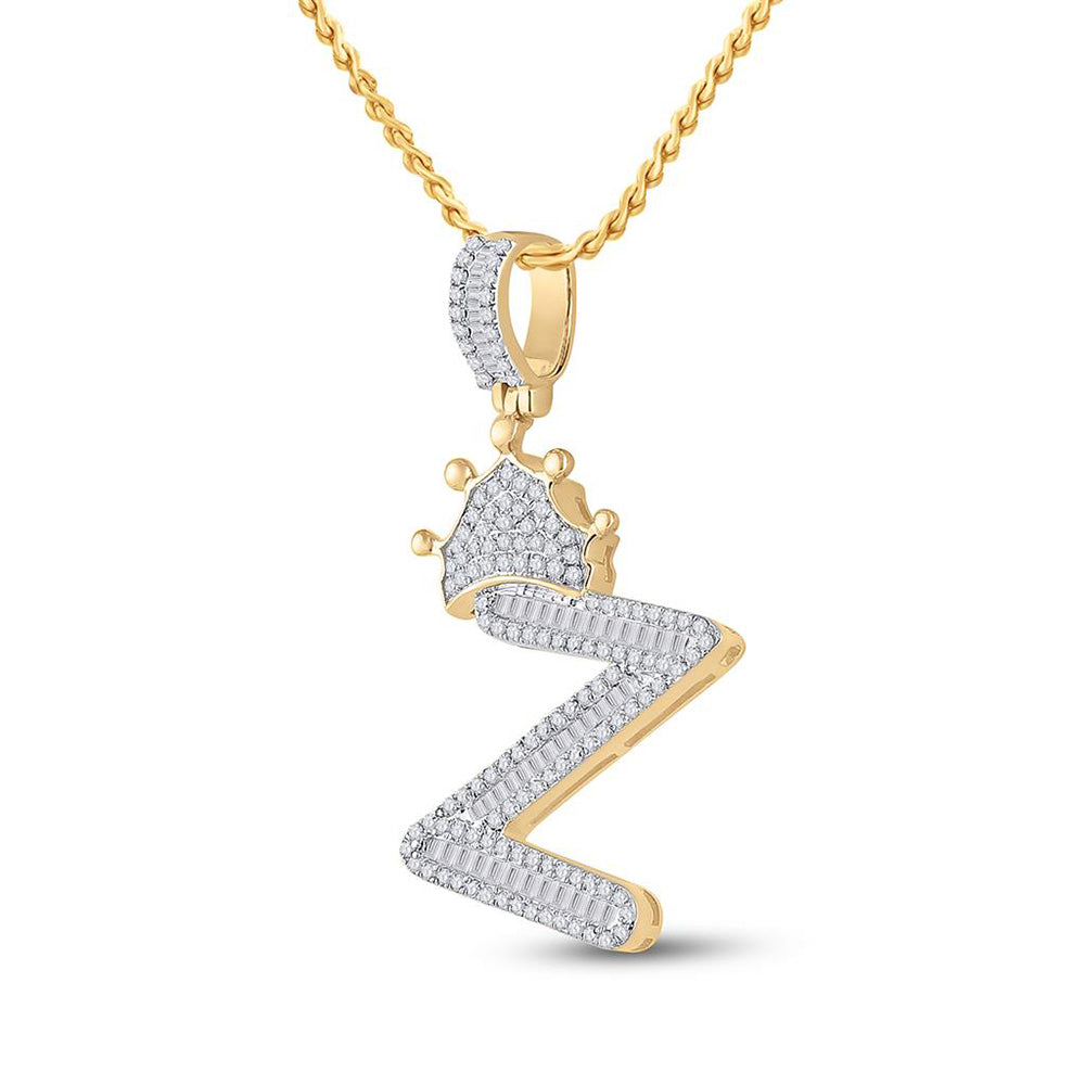 10K YELLOW GOLD BAGUETTE DIAMOND CROWN Z LETTER CHARM PENDANT 3/4 CTTW