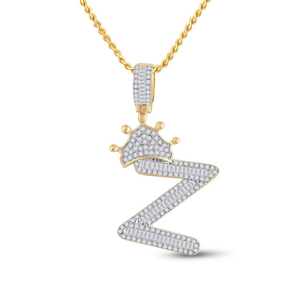 10K YELLOW GOLD BAGUETTE DIAMOND CROWN Z LETTER CHARM PENDANT 3/4 CTTW