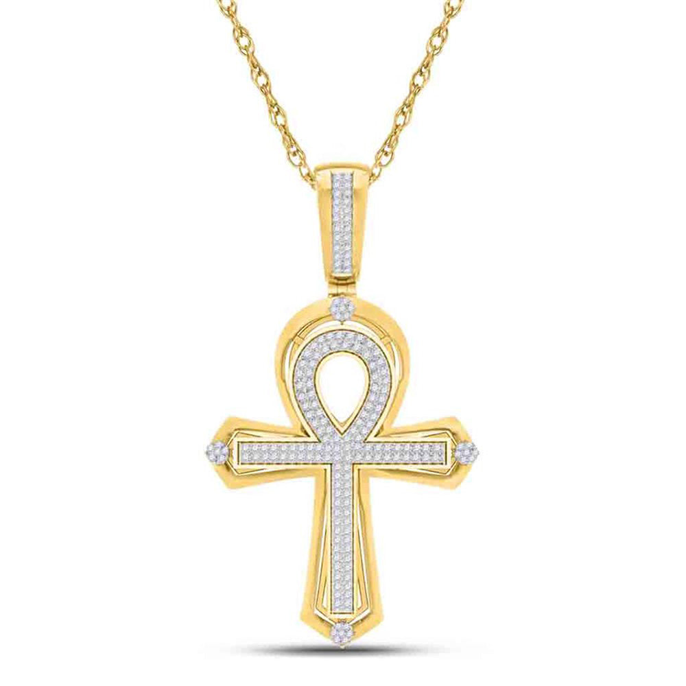 10K YELLOW GOLD ROUND DIAMOND ANKH CROSS CHARM PENDANT 3/8 CTTW