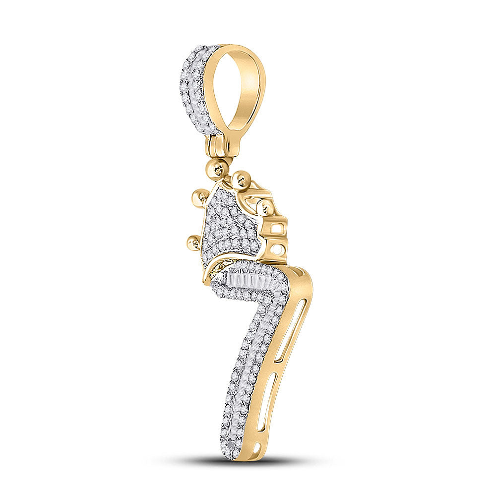 10K YELLOW GOLD BAGUETTE DIAMOND NUMBER 7 CROWN CHARM PENDANT 5/8 CTTW