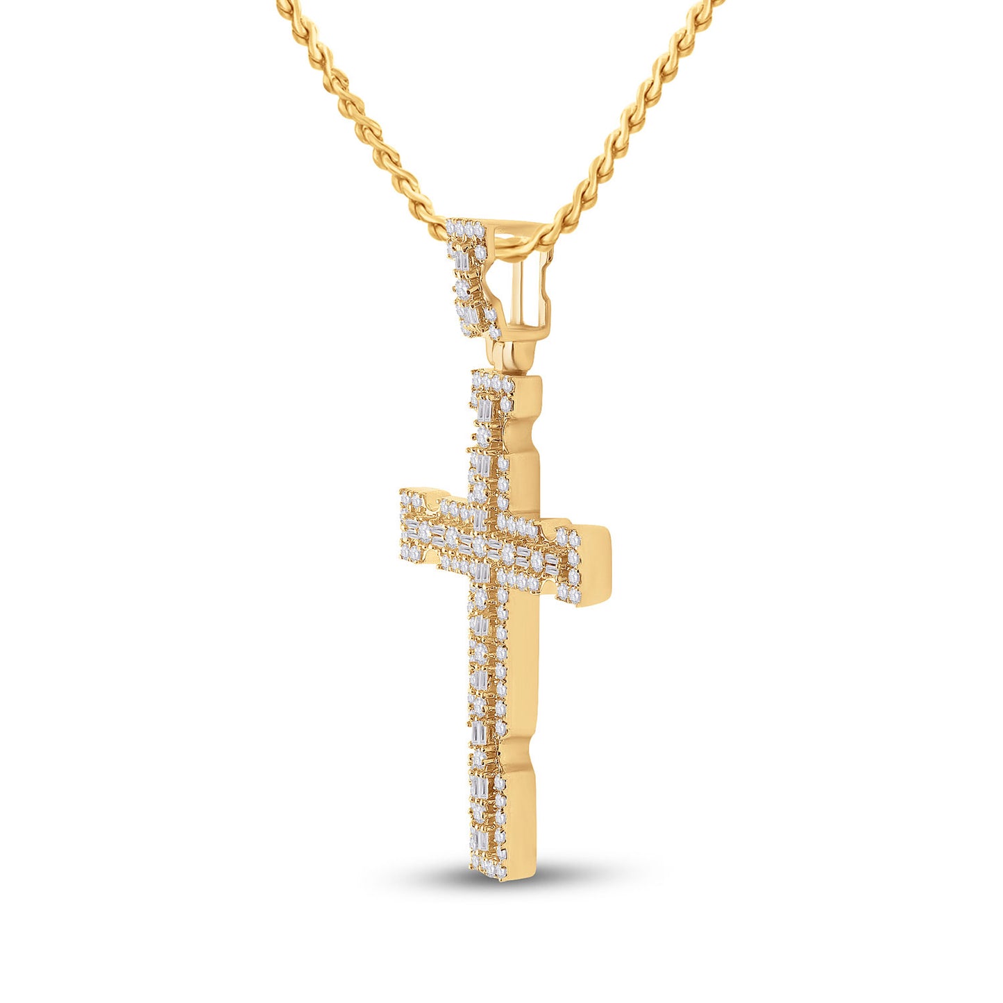 14K YELLOW GOLD BAGUETTE DIAMOND CROSS CHARM PENDANT 1-3/8 CTTW
