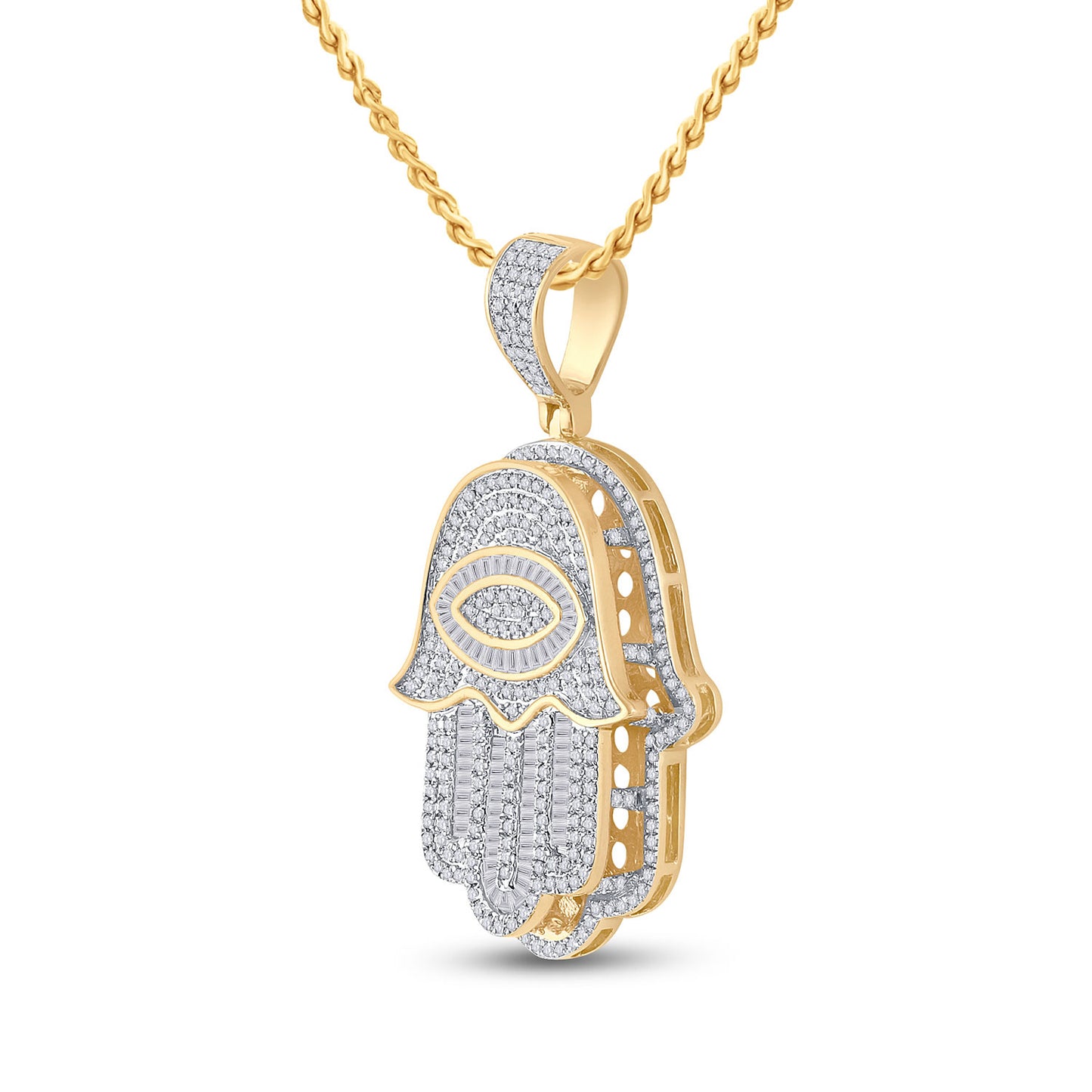 14K YELLOW GOLD BAGUETTE DIAMOND EYE FATIMA HAMSA CHARM PENDANT 1-1/2 CTTW