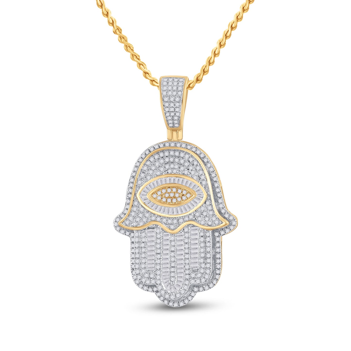 14K YELLOW GOLD BAGUETTE DIAMOND EYE FATIMA HAMSA CHARM PENDANT 1-1/2 CTTW