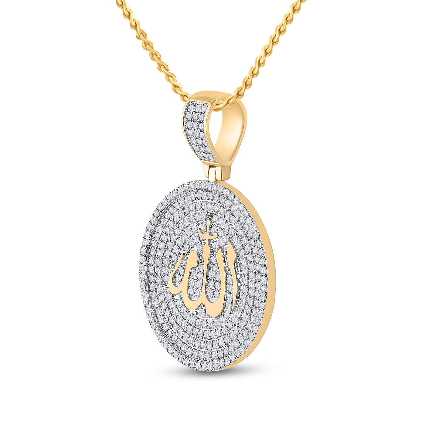 14K YELLOW GOLD ROUND DIAMOND ALLAH ISLAM CIRCLE CHARM PENDANT 2-3/4 CTTW
