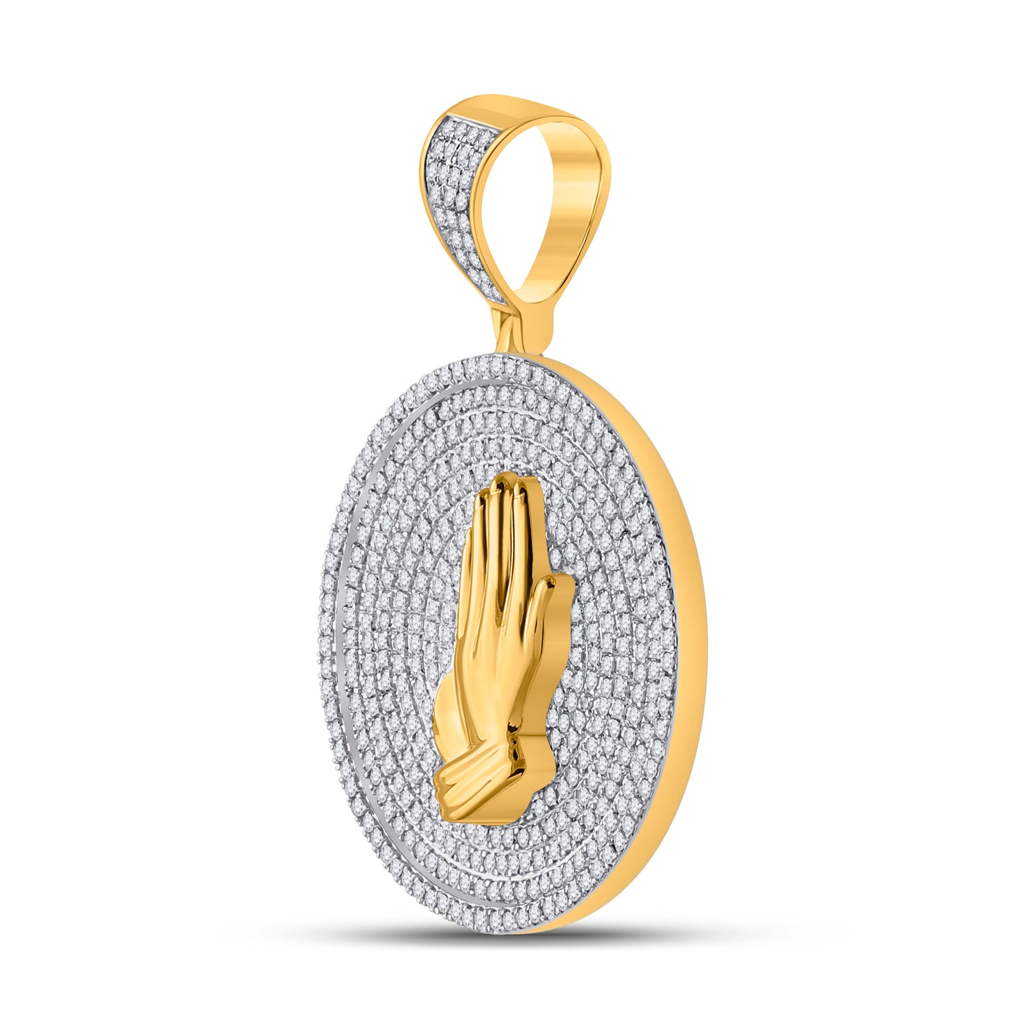 10K YELLOW GOLD ROUND DIAMOND PRAYING HANDS CIRCLE CHARM PENDANT 1 CTTW