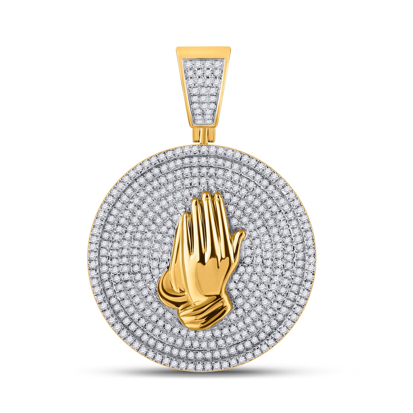 10K YELLOW GOLD ROUND DIAMOND PRAYING HANDS CIRCLE CHARM PENDANT 1 CTTW