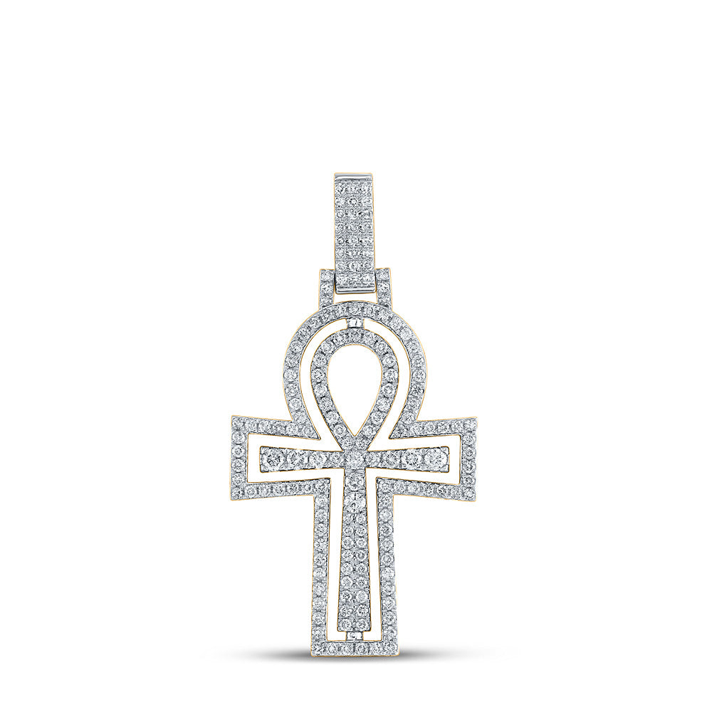 10K YELLOW GOLD ROUND DIAMOND ANKH CROSS CHARM PENDANT 2 CTTW