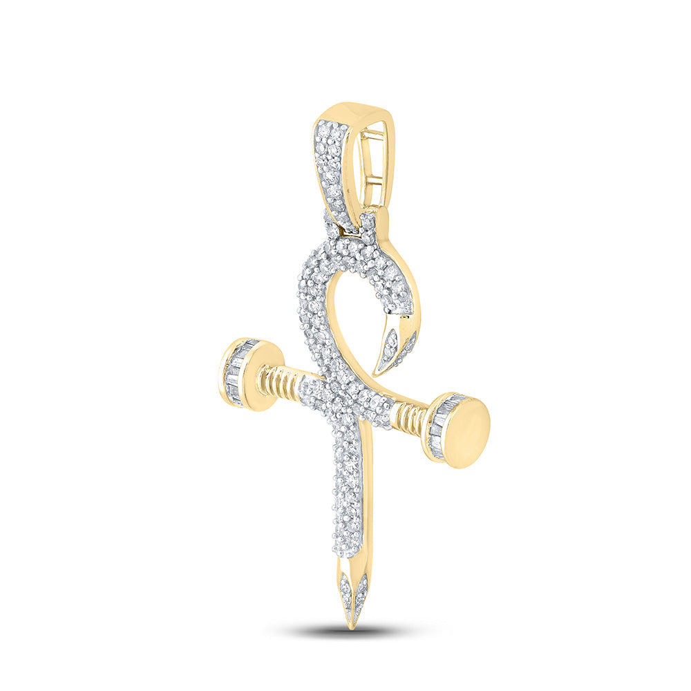 10K YELLOW GOLD BAGUETTE DIAMOND NAIL CROSS ANKH CHARM PENDANT 3/4 CTTW