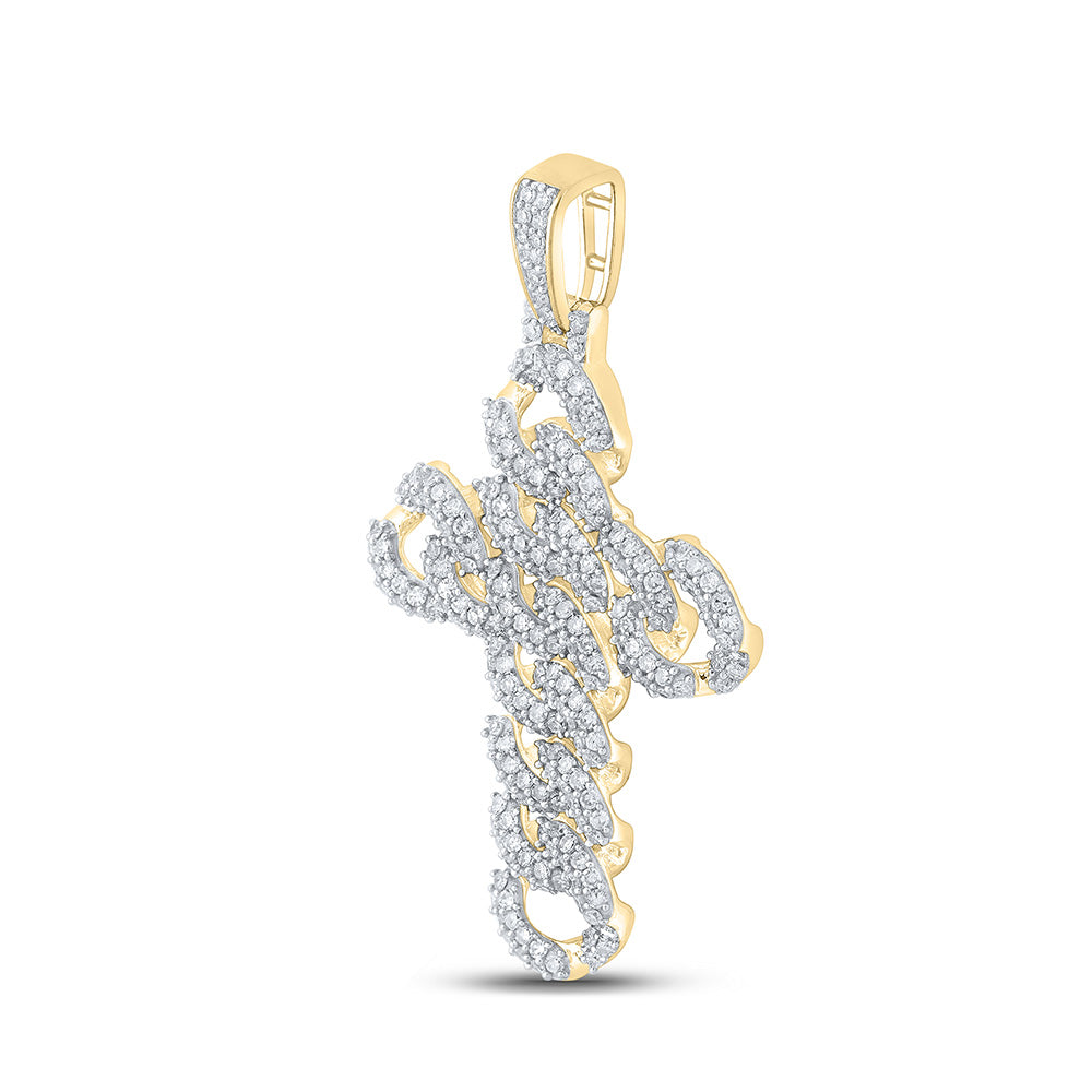 10K YELLOW GOLD ROUND DIAMOND CUBAN LINK CROSS CHARM PENDANT 1-7/8 CTTW