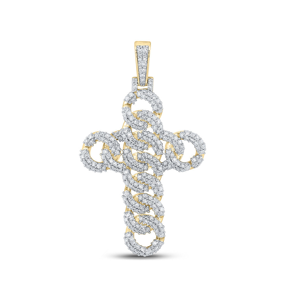 10K YELLOW GOLD ROUND DIAMOND CUBAN LINK CROSS CHARM PENDANT 1-7/8 CTTW