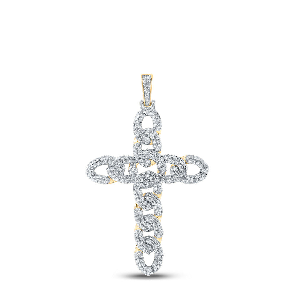 10K YELLOW GOLD ROUND DIAMOND CUBAN LINK CROSS CHARM PENDANT 3 CTTW