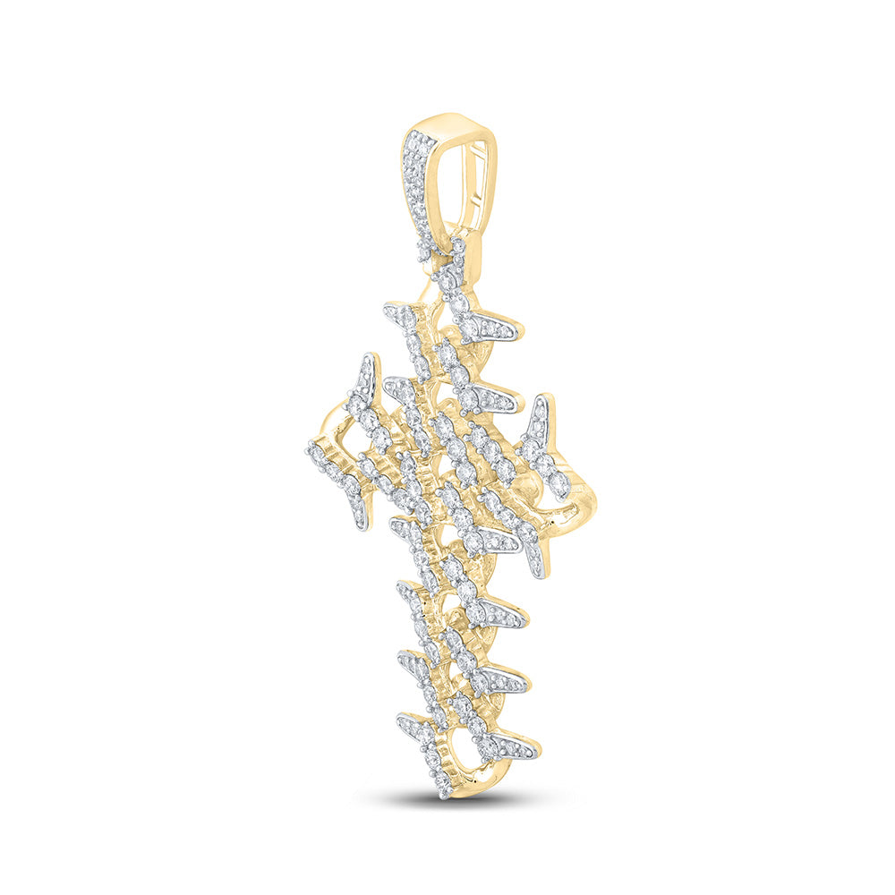 10K YELLOW GOLD ROUND DIAMOND CUBAN LINK CROSS CHARM PENDANT 1-1/2 CTTW