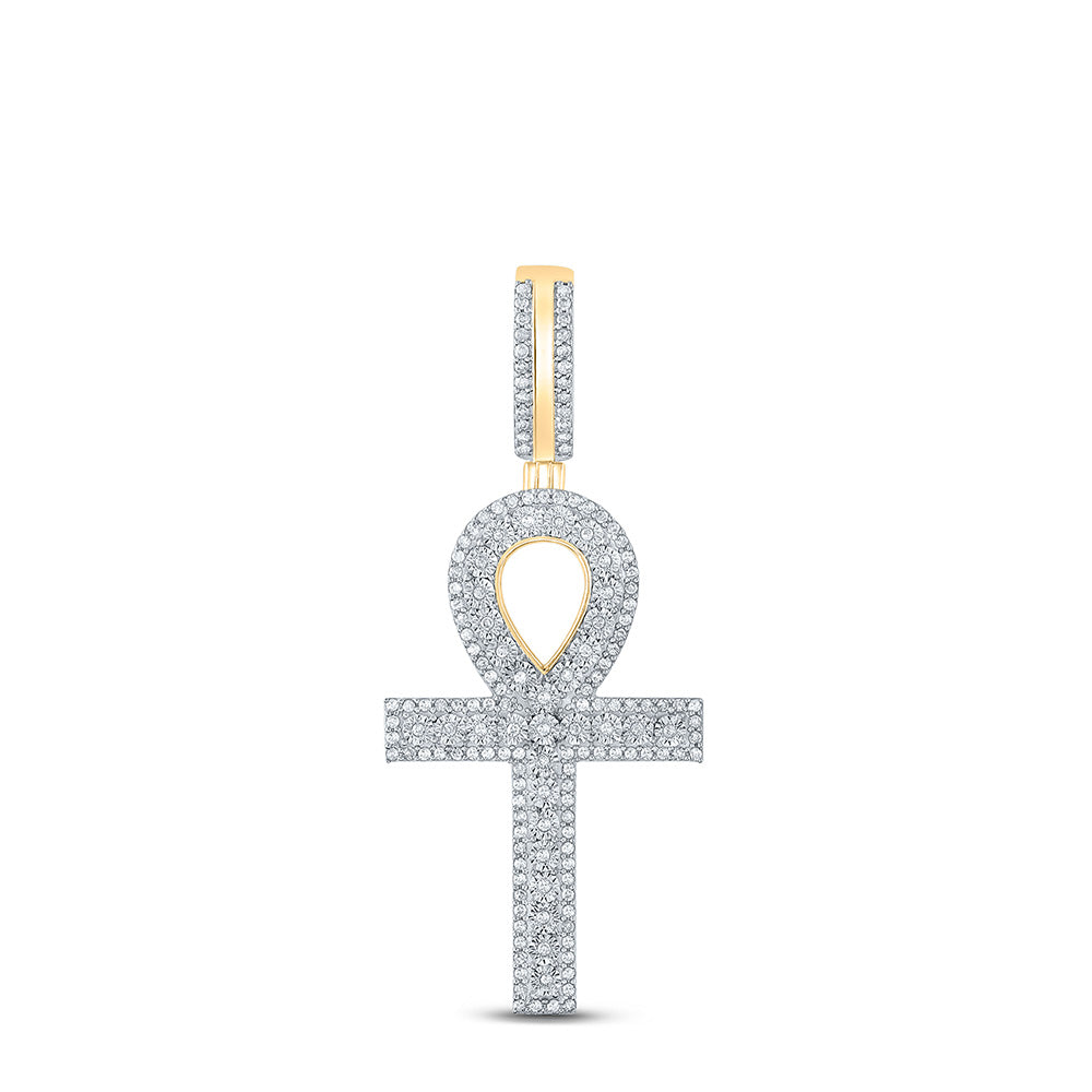 10K YELLOW GOLD ROUND DIAMOND ANKH CROSS CHARM PENDANT 3/8 CTTW