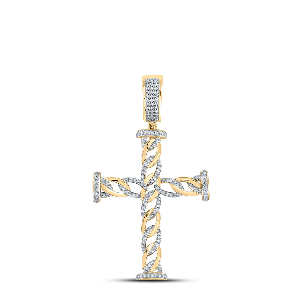 10K YELLOW GOLD ROUND DIAMOND CUBAN LINK CROSS CHARM PENDANT 3/8 CTTW
