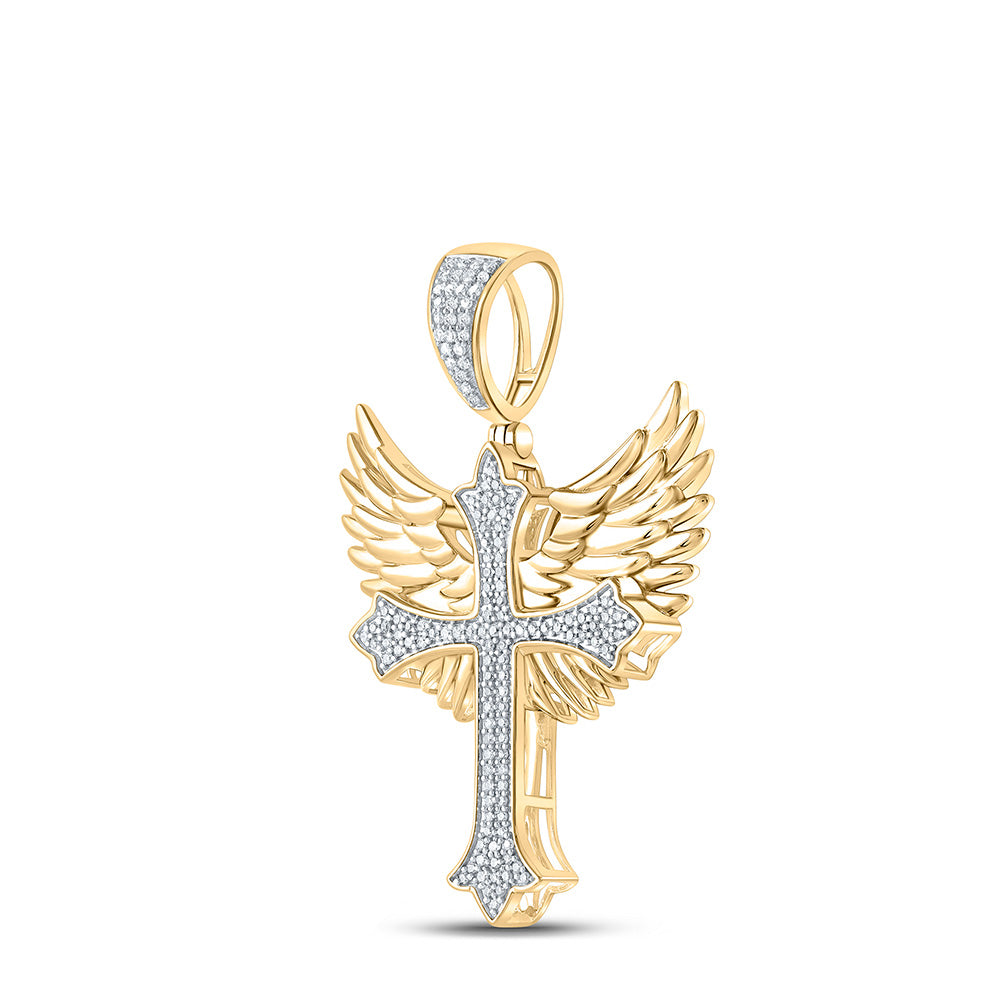 10K YELLOW GOLD ROUND DIAMOND WING CROSS CHARM PENDANT 3/8 CTTW