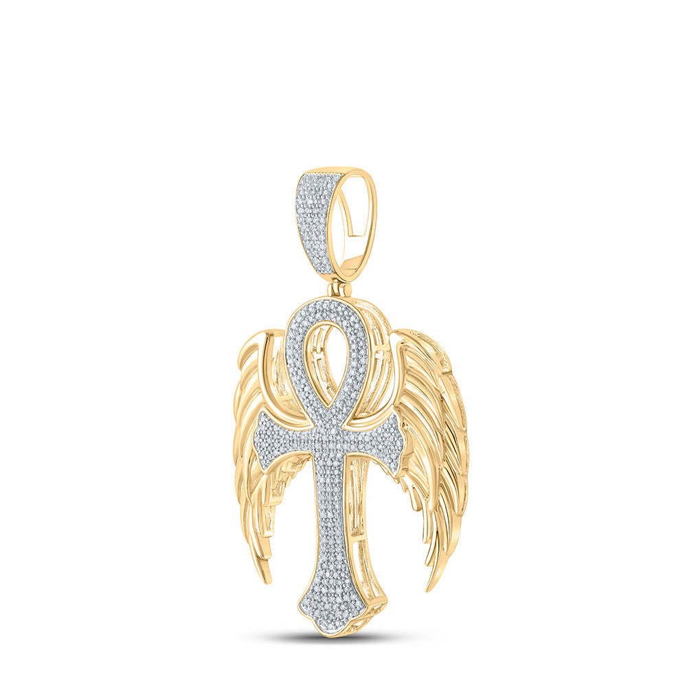 10K YELLOW GOLD ROUND DIAMOND WING ANKH CROSS CHARM PENDANT 5/8 CTTW