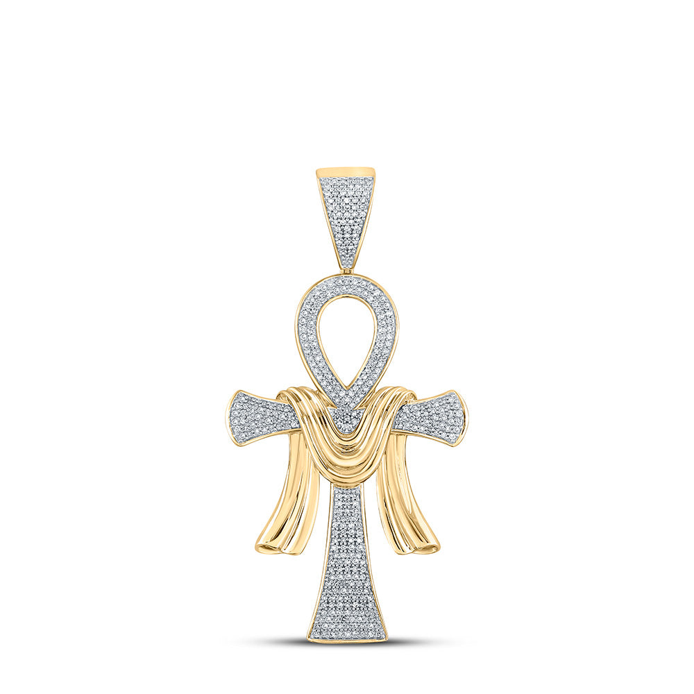10K YELLOW GOLD ROUND DIAMOND ANKH CROSS CHARM PENDANT 3/4 CTTW