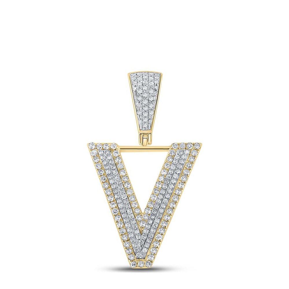 10K TWO-TONE GOLD ROUND DIAMOND V LETTER CHARM PENDANT 3/4 CTTW