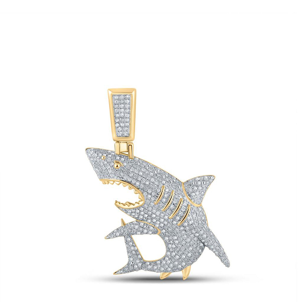 10K YELLOW GOLD ROUND DIAMOND SHARK ANIMAL CHARM PENDANT 7/8 CTTW