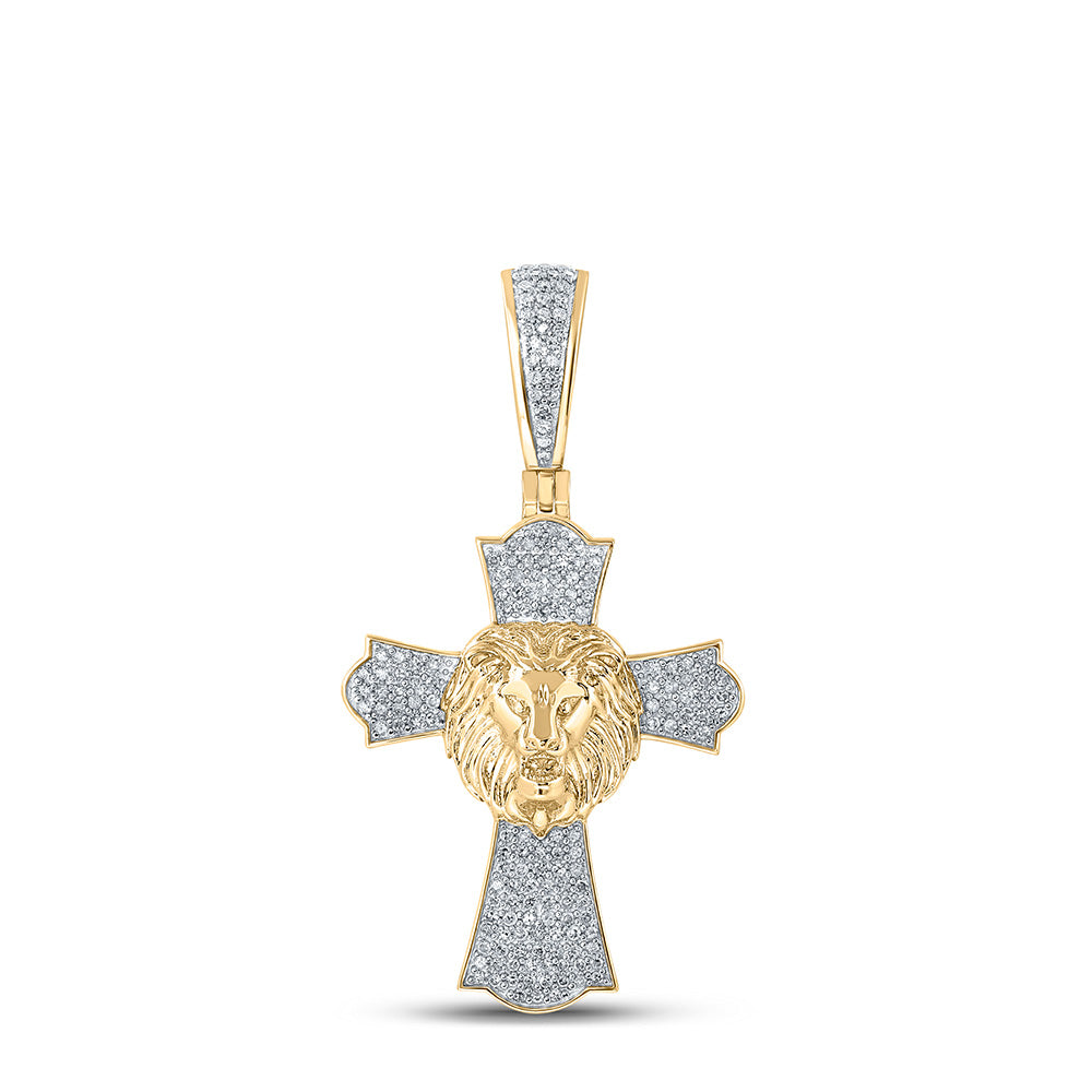 10K YELLOW GOLD ROUND DIAMOND LION FACE CROSS CHARM PENDANT 1/2 CTTW