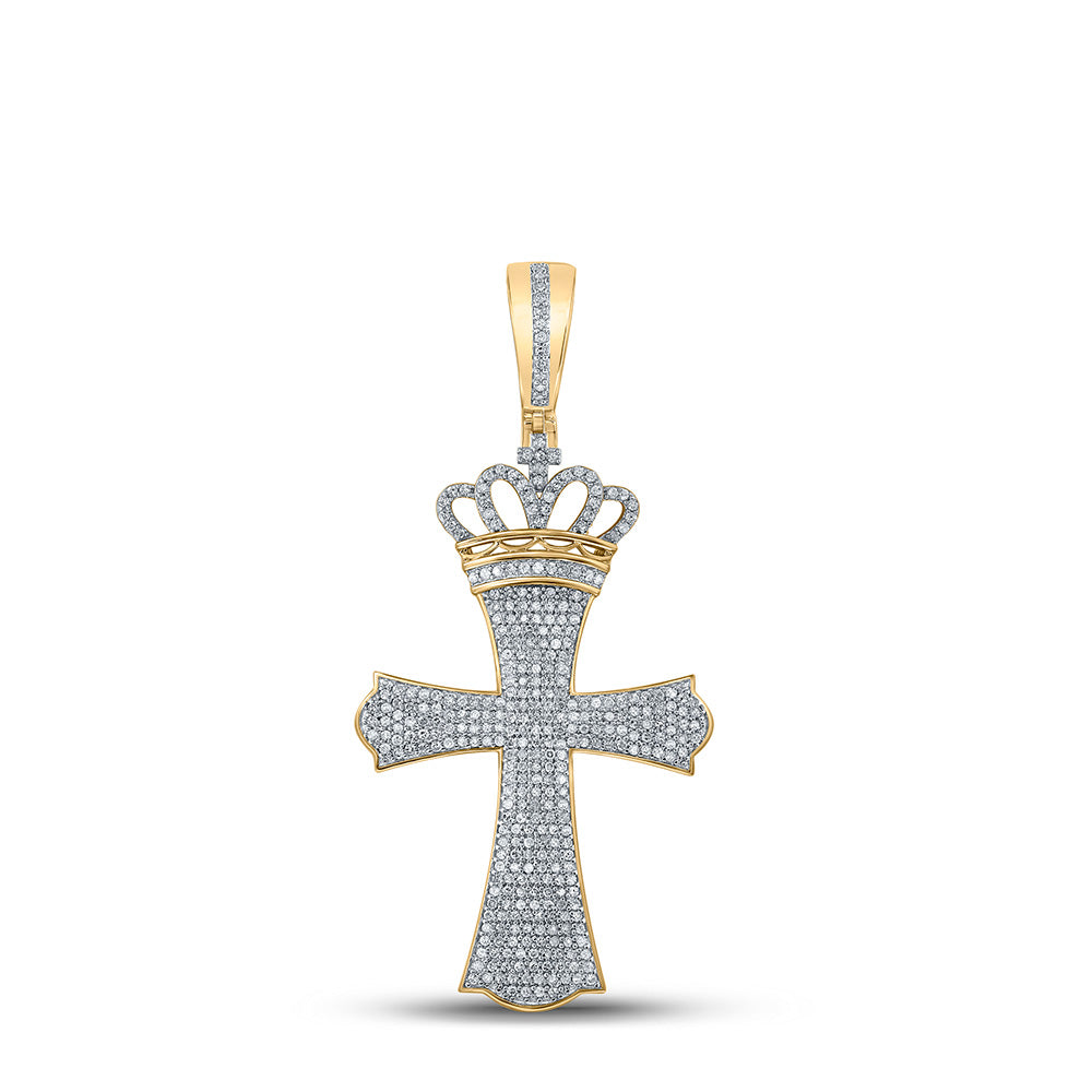10K YELLOW GOLD ROUND DIAMOND CROWN CROSS CHARM PENDANT 1 CTTW