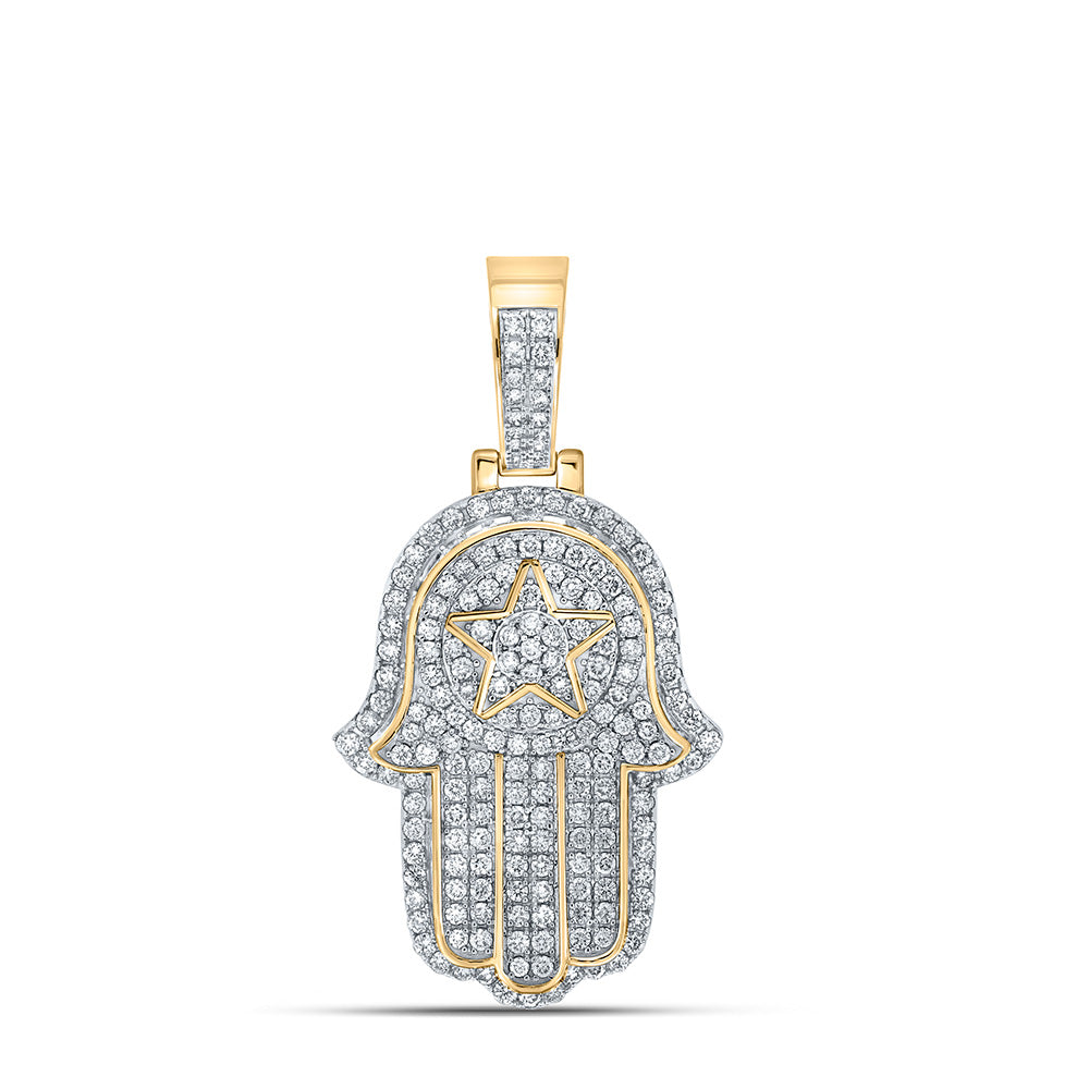 10K YELLOW GOLD ROUND DIAMOND HAMSA CHARM PENDANT 2-5/8 CTTW