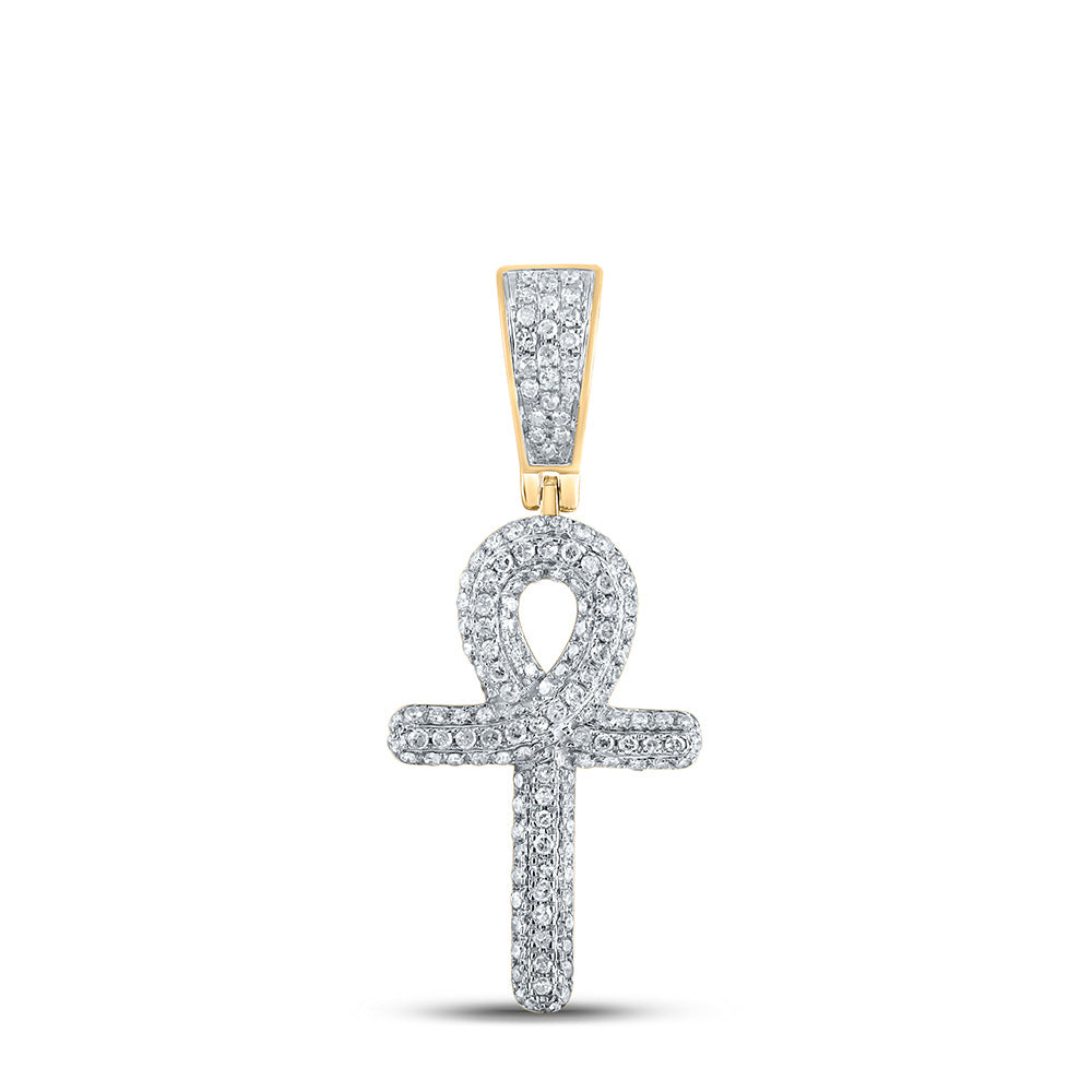 10K YELLOW GOLD ROUND DIAMOND ANKH CROSS CHARM PENDANT 3/8 CTTW