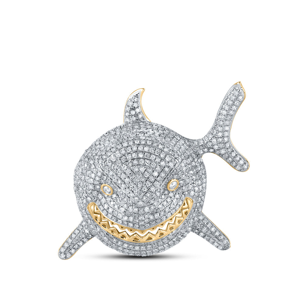 10K YELLOW GOLD ROUND DIAMOND SHARK ANIMAL CHARM PENDANT 1-7/8 CTTW