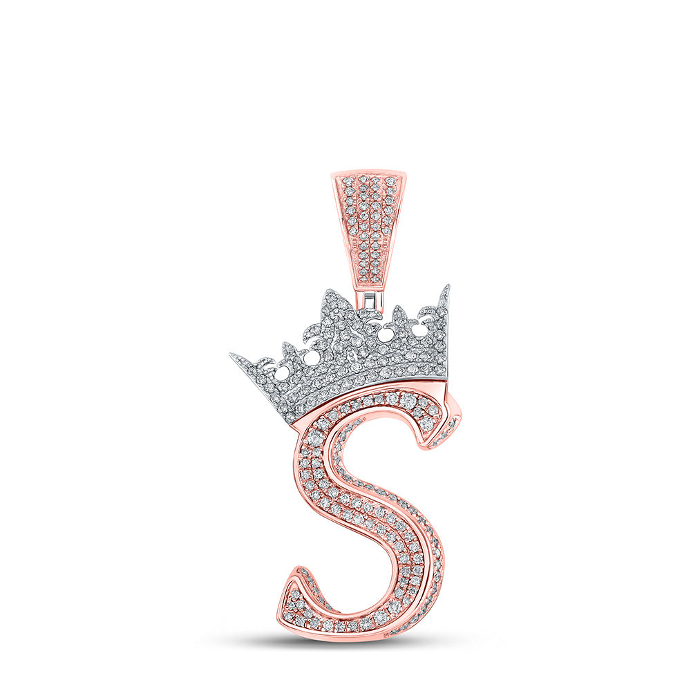 10K TWO-TONE GOLD ROUND DIAMOND S CROWN LETTER CHARM PENDANT 1-1/5 CTTW