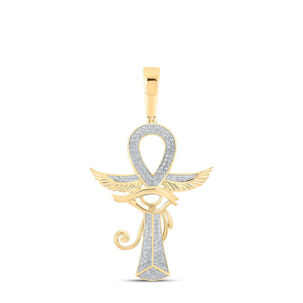 10K YELLOW GOLD ROUND DIAMOND ANKH EYE CROSS CHARM PENDANT 1/3 CTTW