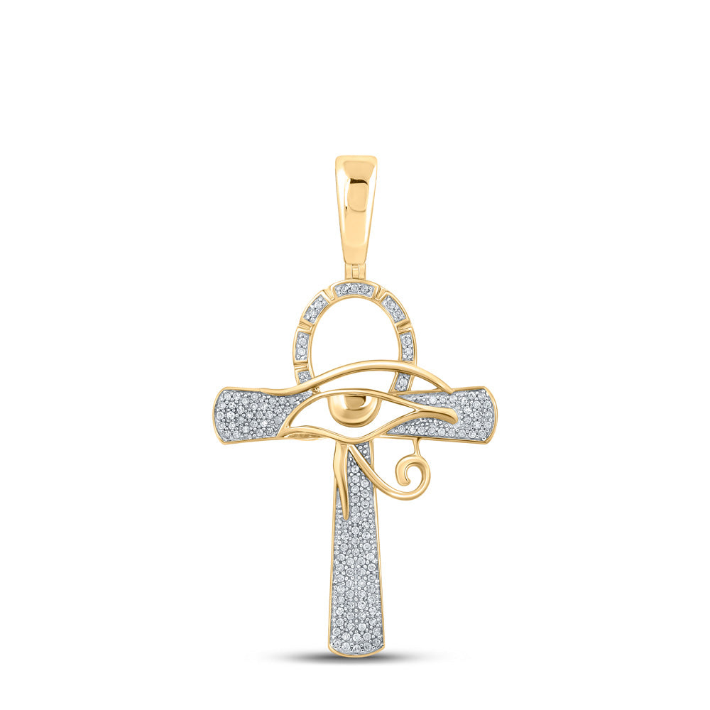 10K YELLOW GOLD ROUND DIAMOND ANKH EYE CROSS CHARM PENDANT 1/3 CTTW
