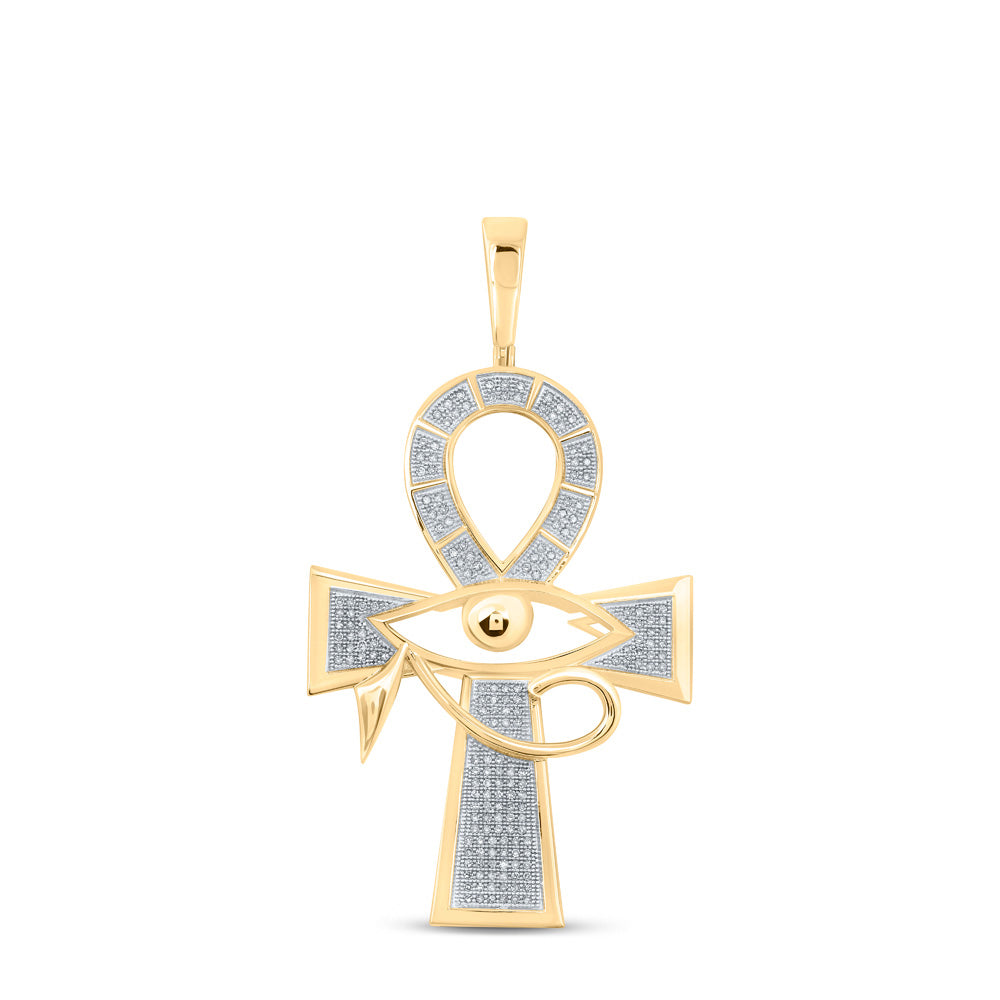 10K YELLOW GOLD ROUND DIAMOND ANKH EYE CROSS CHARM PENDANT 1/2 CTTW