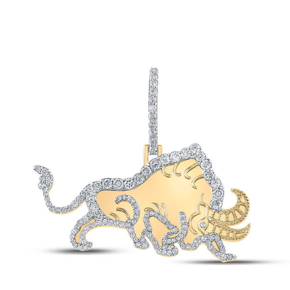 10K YELLOW GOLD ROUND DIAMOND BULL CHARM PENDANT 1-1/4 CTTW