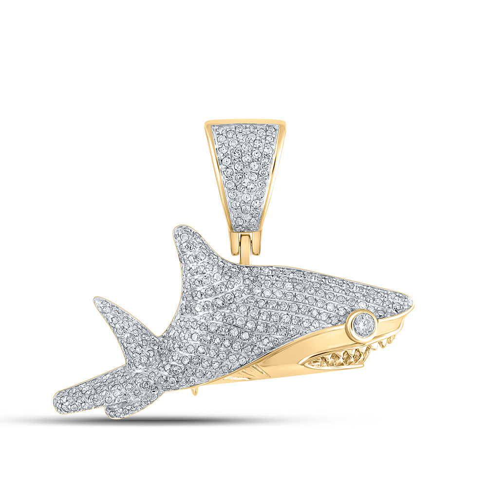10K YELLOW GOLD ROUND DIAMOND SHARK CHARM PENDANT 1 CTTW