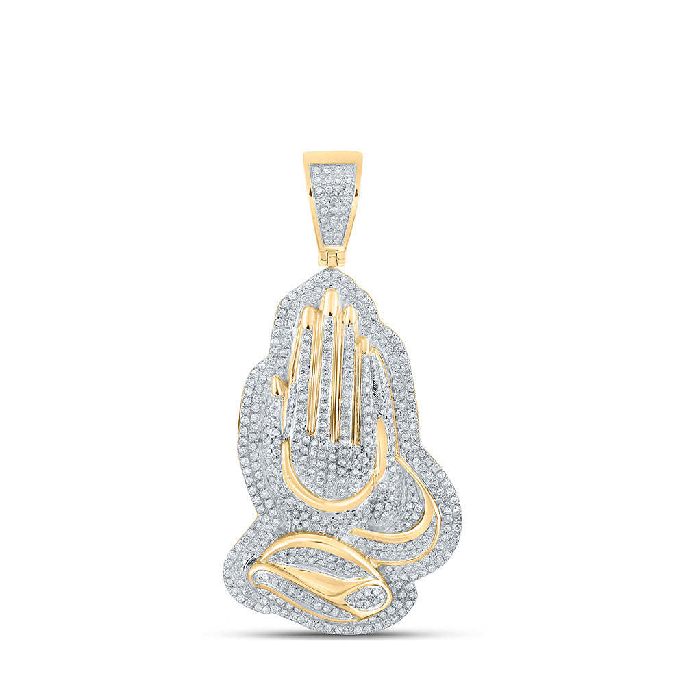10K YELLOW GOLD ROUND DIAMOND PRAYING HANDS CHARM PENDANT 1-1/3 CTTW