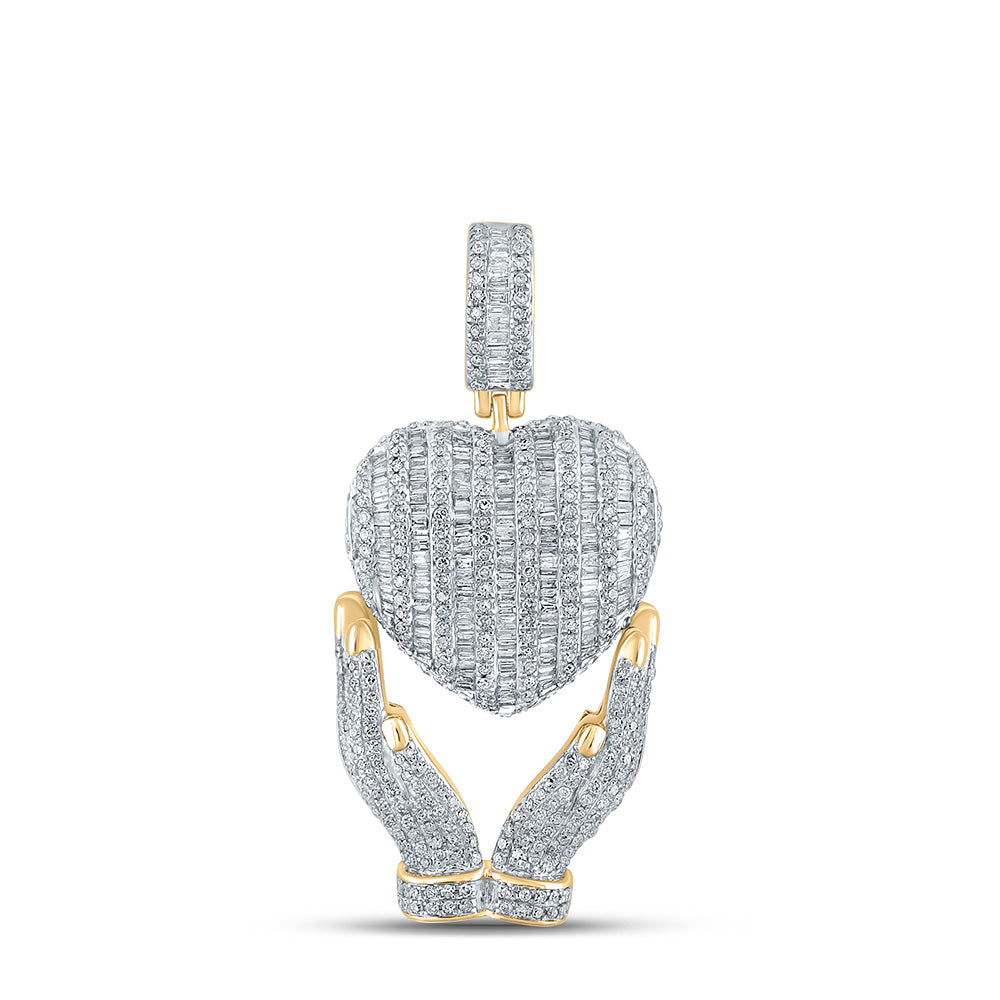 10K YELLOW GOLD BAGUETTE DIAMOND HEART HANDS CHARM PENDANT 1-3/4 CTTW