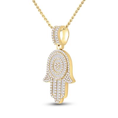 14K YELLOW GOLD BAGUETTE DIAMOND HAMSA HAND CHARM PENDANT 3 CTTW