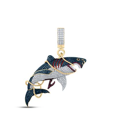 14K YELLOW GOLD ROUND RUBY DIAMOND SHARK CHARM PENDANT 3-1/2 CTTW