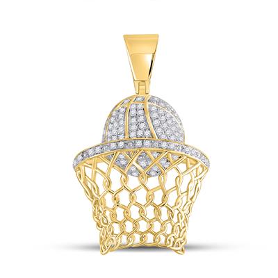 10K YELLOW GOLD ROUND DIAMOND BASKETBALL HOOP NET CHARM PENDANT 3/4 CTTW